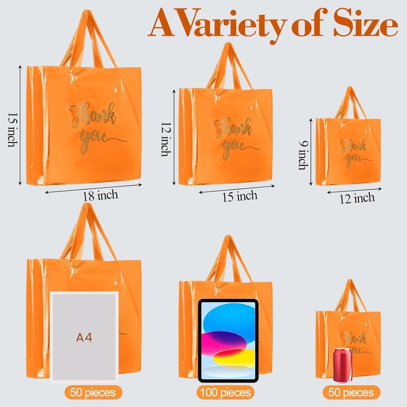 Teling 200 Pcs Thanks Bags with Handle Bulk Thank You Merchandise Bags 3 Size Plastic Packet Retail Shopping Package for Boutique 9 x 12'', 12 x 15'', 15 x 18''(Orange) - Image 3